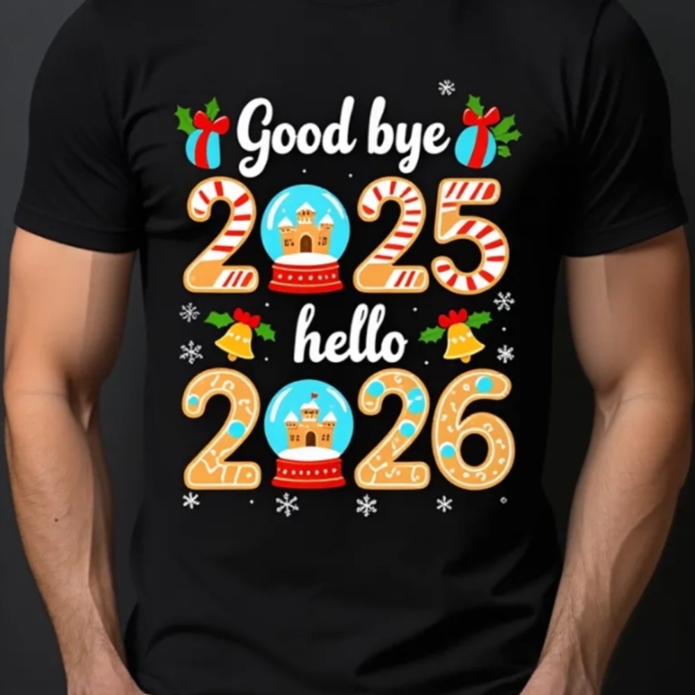 Good bye 2025 Hello 2026 Snow Globe Candy Cane T-shirt Size XXL or 2XL Unisex